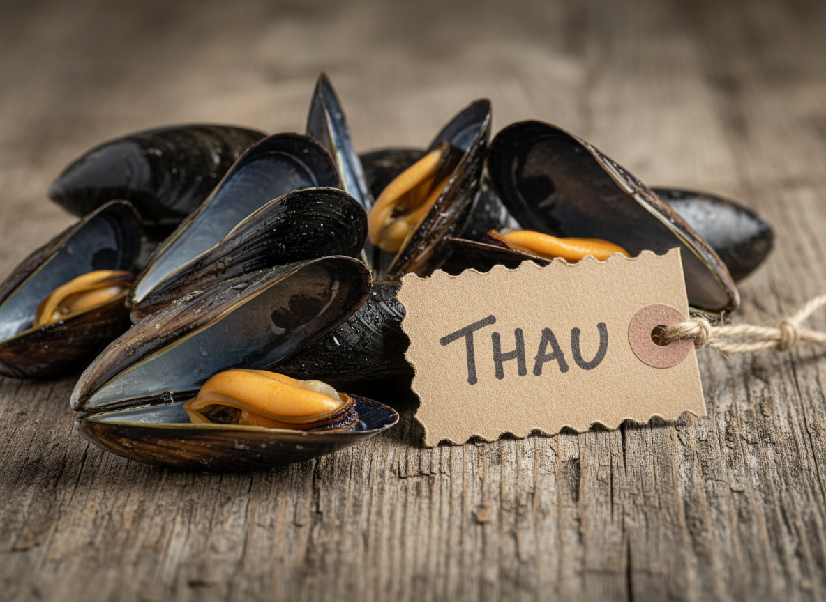Moules de Thau ouvertes avec étiquette