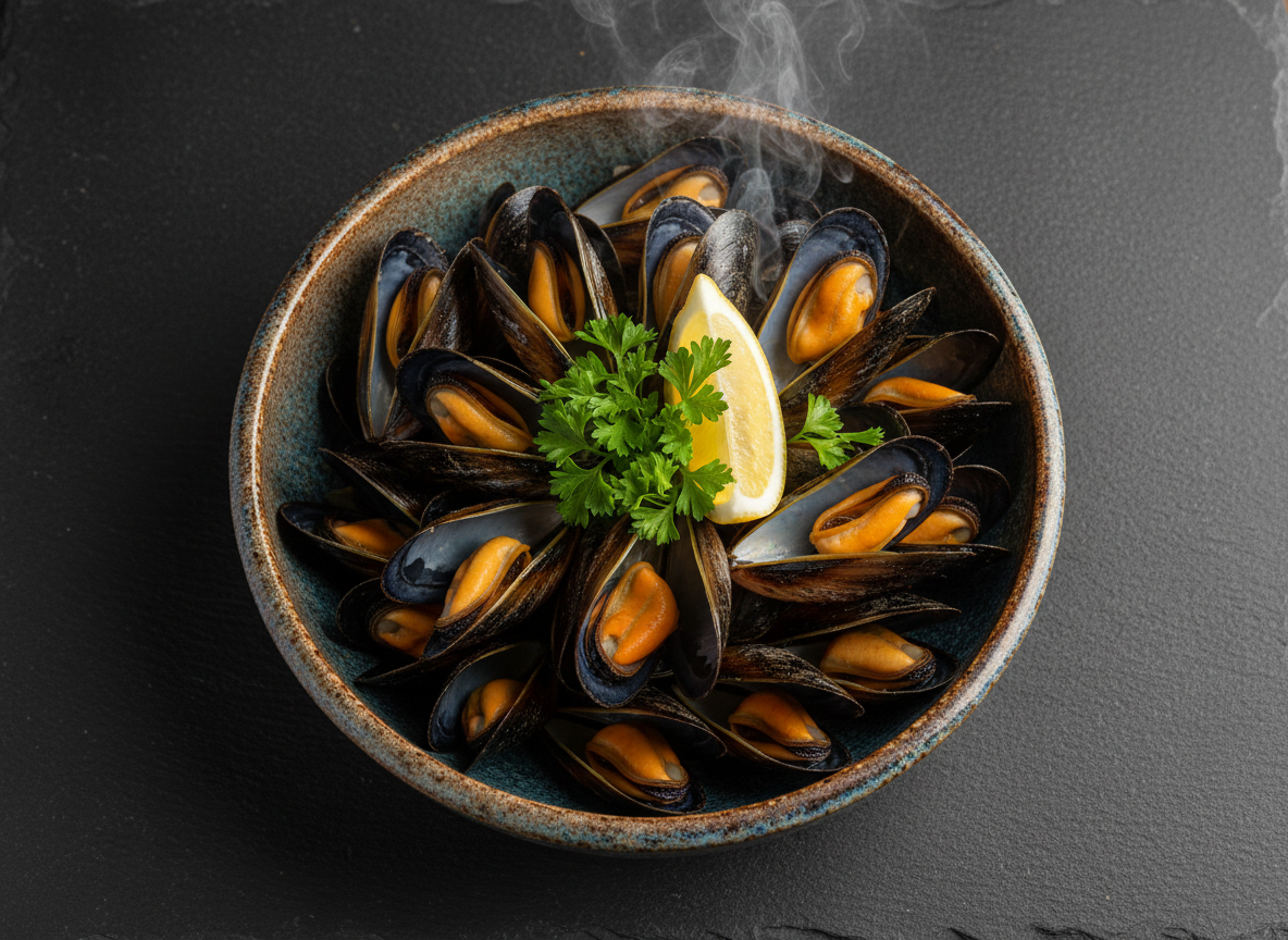 Grand bol rustique rempli de moules vapeur ouvertes, chair orange généreuse, garni de persil frais et d'un quartier de citron