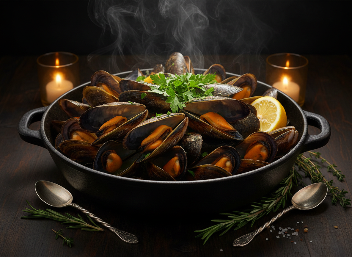 Moules fumantes dans un joli plat