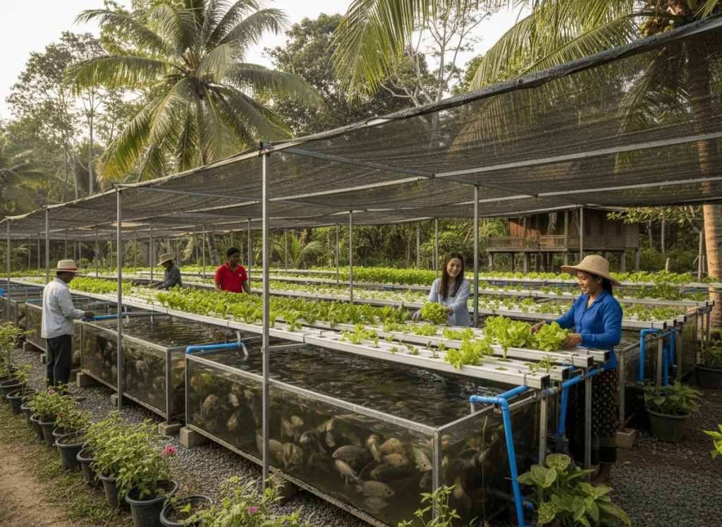 Aquaponics farm near Siem Reap Cambodia, fish tanks with vegetables growing above, tropical setting, local workers, green and thriving, realistic editorial photography