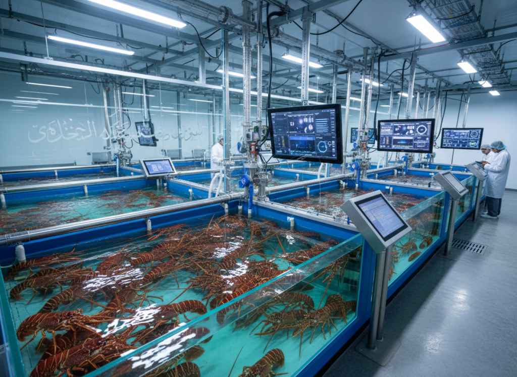 Spiny lobster aquaculture facility in Abu Dhabi UAE, modern indoor tanks with blue water, high-tech monitoring equipment, clean and professional, editorial photography