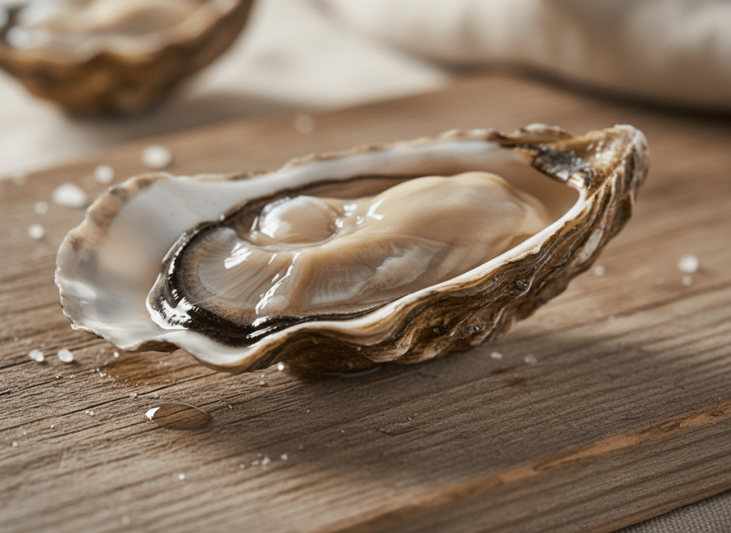 Close-up food photography of a single opened oyster "Super Spéciale" from the Étang de Thau, France. The oyster shell is wide and deep, completely filled to the brim with an extremely plump, generous, creamy, glistening flesh — the meat almost overflowing the shell edges. The flesh looks rich, silky, ivory-colored and abundant. Natural warm lighting, on a rustic wooden surface with a few sea water droplets around. Photorealistic, appetizing food photography style, shallow depth of field, high resolution.