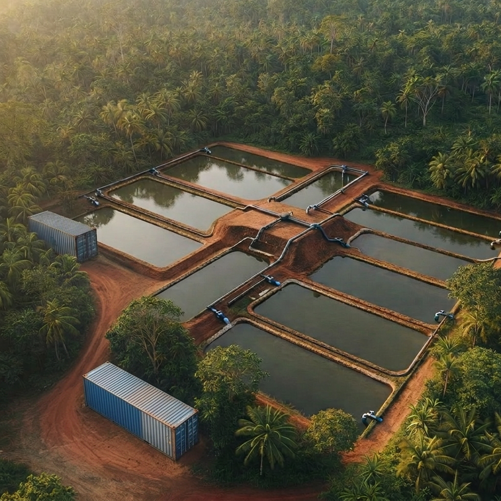 Ferme aquacole Douala - bassins centraux surélevés 2m Aerial drone view, slightly oblique angle, of a large tropical aquaculture farm in the dense jungle of Cameroon. Exactly 10 large rectangular earthen ponds arranged in two parallel rows of 5. The 2 central ponds (one in each row, in the middle) are built on a massive raised earthen platform, elevated approximately 2 meters above the surrounding ponds, with clearly visible steep sloped embankments and retaining walls. The height difference between the central elevated ponds and the others is very obvious and dramatic. All 10 ponds fully visible. A wide red laterite dirt access road cuts through the jungle. Dense green rainforest surrounds the entire farm. Ponds filled with dark greenish water. Red soil paths between ponds. Photorealistic, drone photography style, bright daylight.